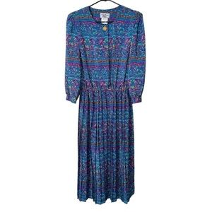 Vintage Lady Carol Petites Women's Blue Paisley Pleated Midi  Dress 70s Sz 14